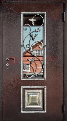 Коричневая стальная дверь порошок со стеклом и ковкой ДСК-163 в Краснодаре